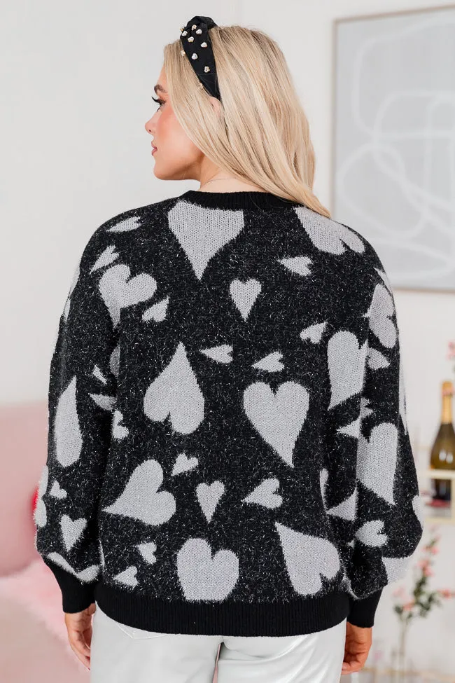 Always Be Mine Black And Silver Shimmer Heart Sweater FINAL SALE