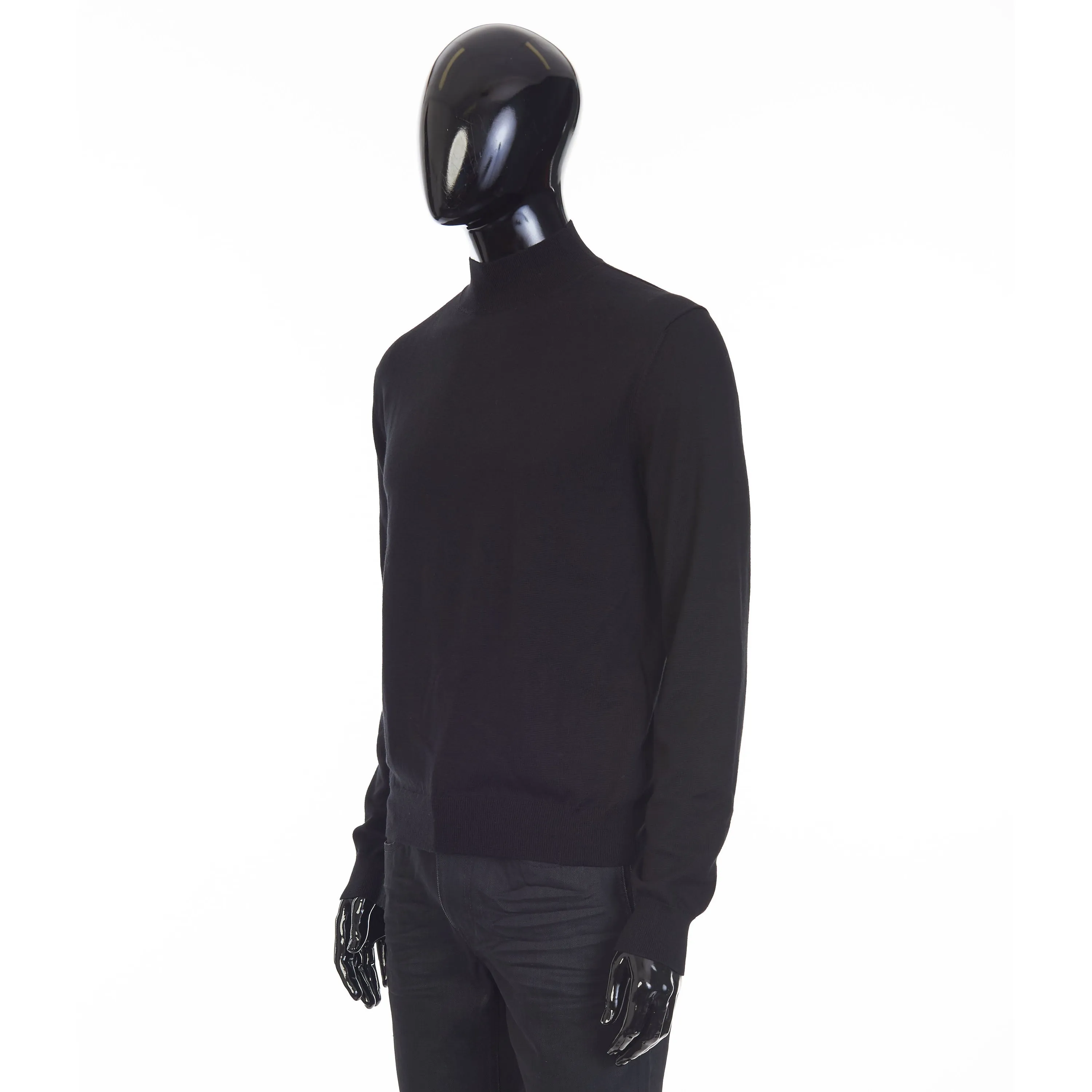 Black Merino Wool/Cotton Sweater - Stand Up Collar