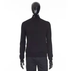 Black Merino Wool/Cotton Sweater - Stand Up Collar