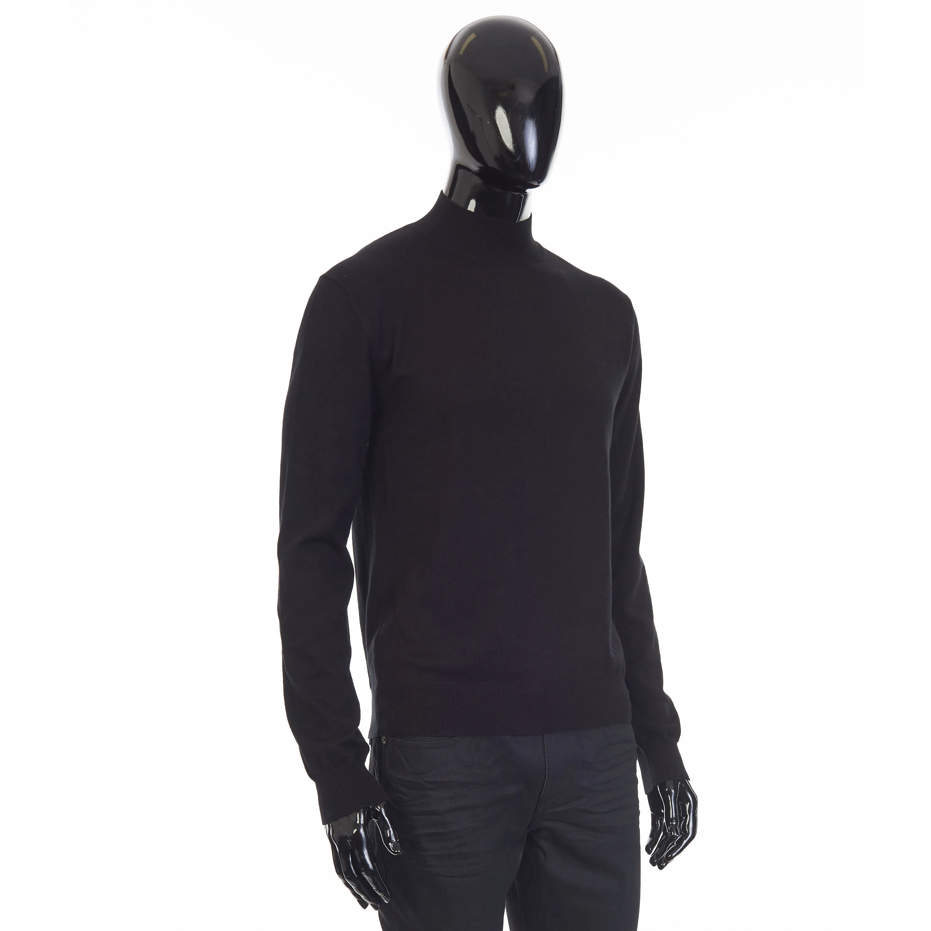 Black Merino Wool/Cotton Sweater - Stand Up Collar