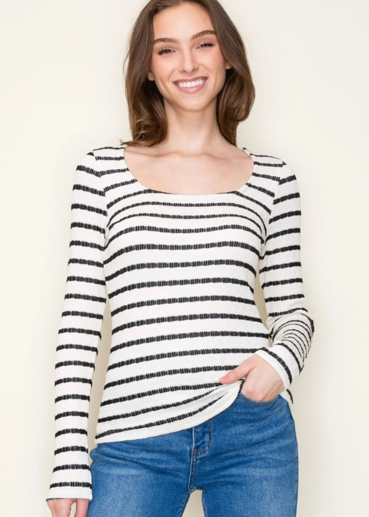 Black Striped Textured Long Sleeve Top