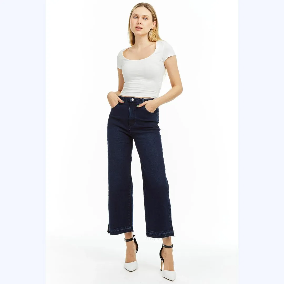 Blue Denim Wide Straight Ankle Jeans