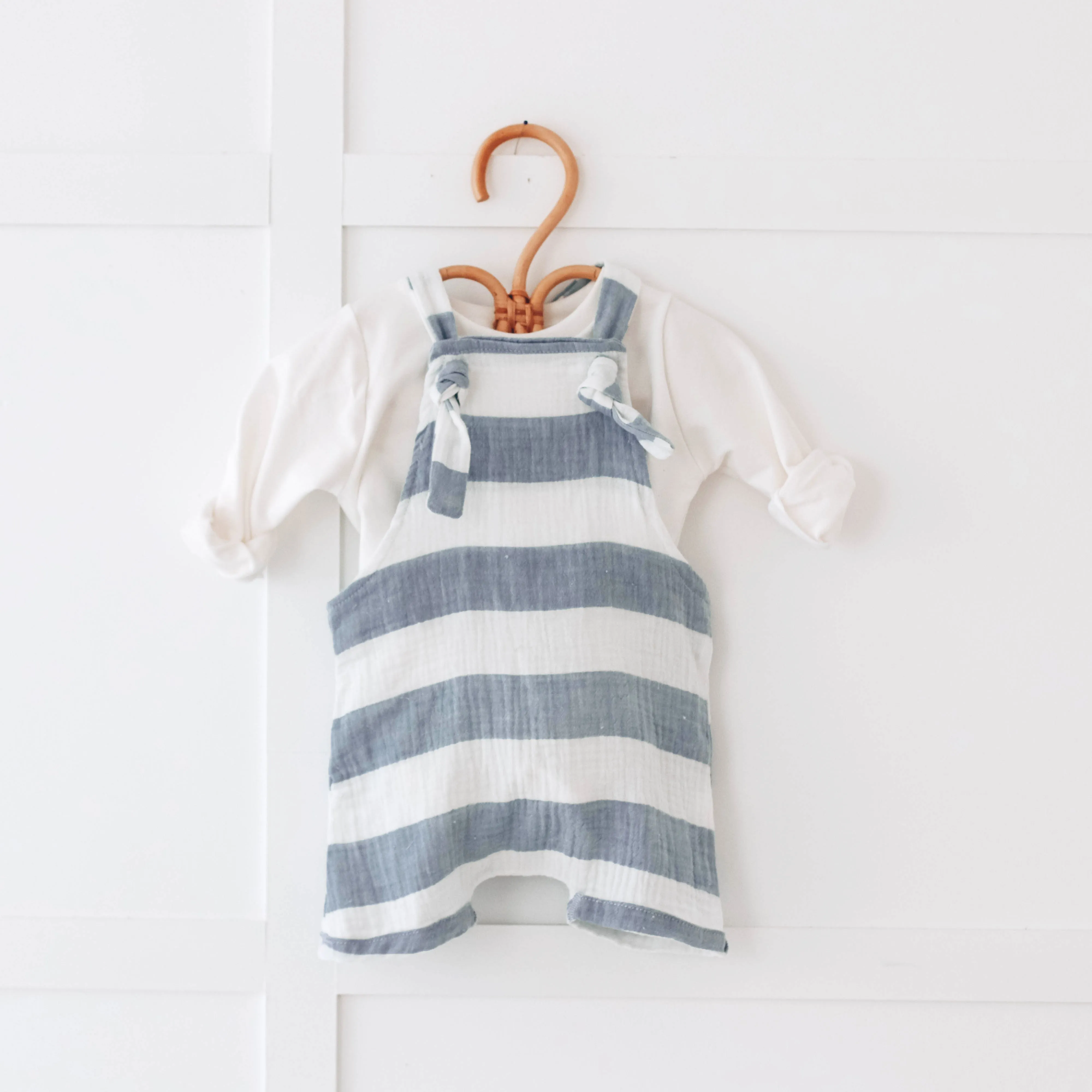 Blue Stipe Muslin short leg dungarees