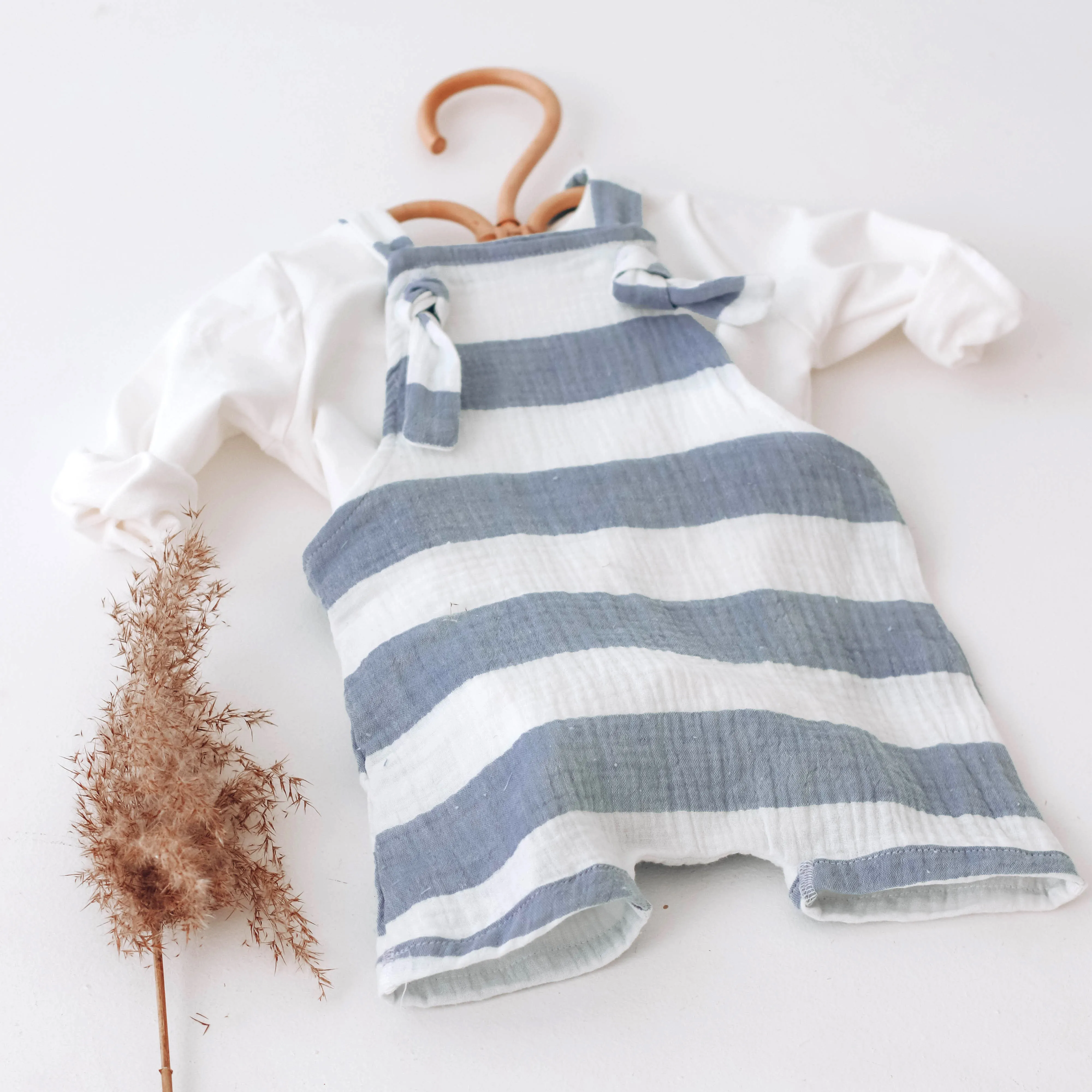 Blue Stipe Muslin short leg dungarees