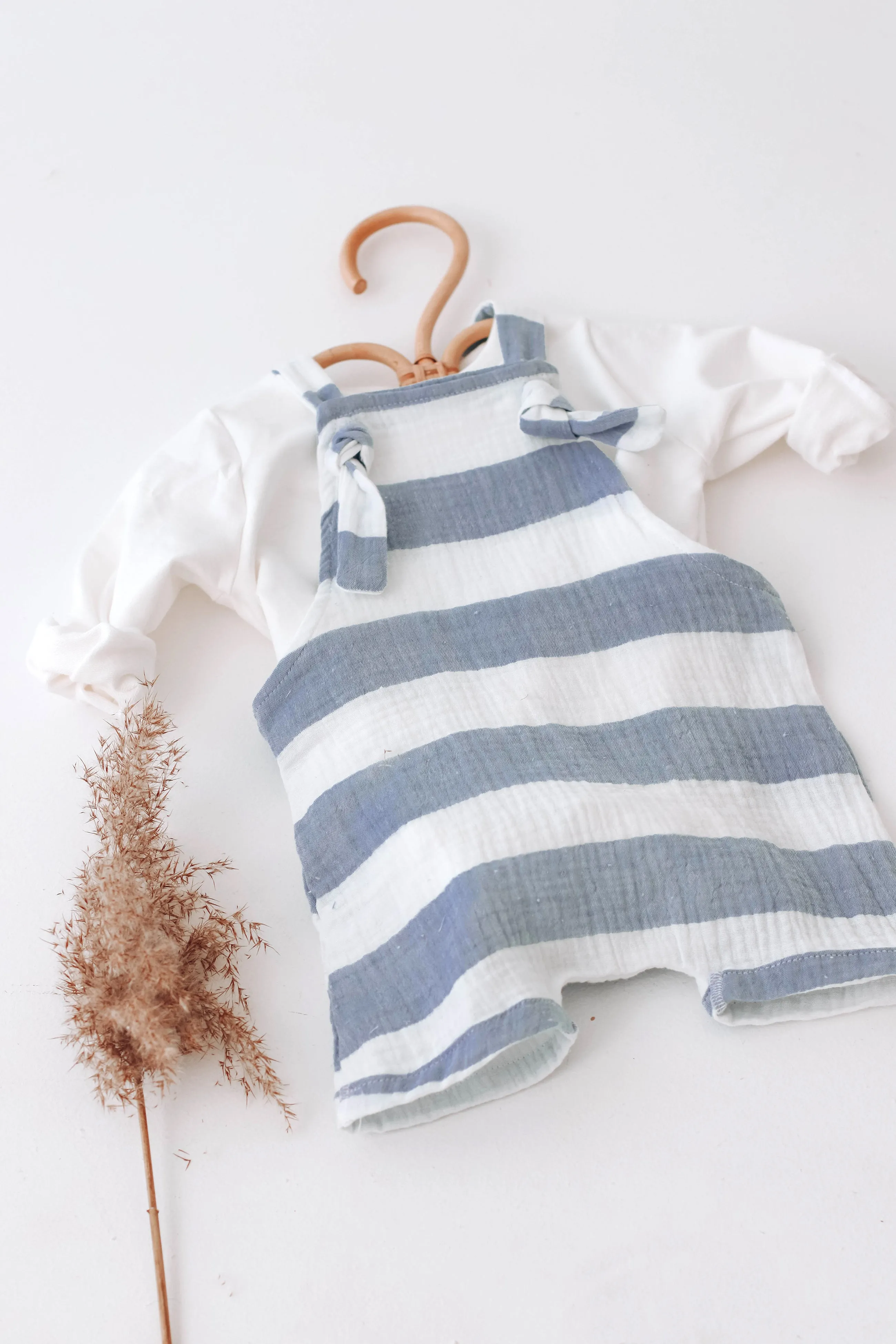 Blue Stipe Muslin short leg dungarees