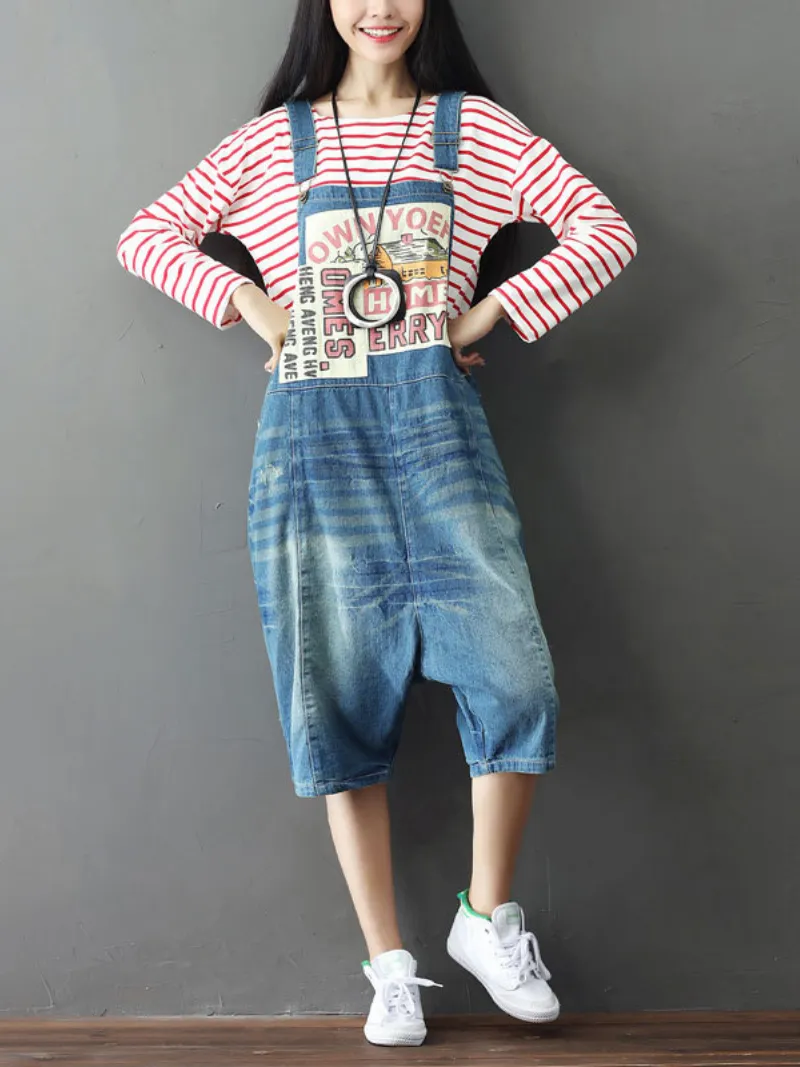 Bohemian Style Women's Short Patch Denim Overalls