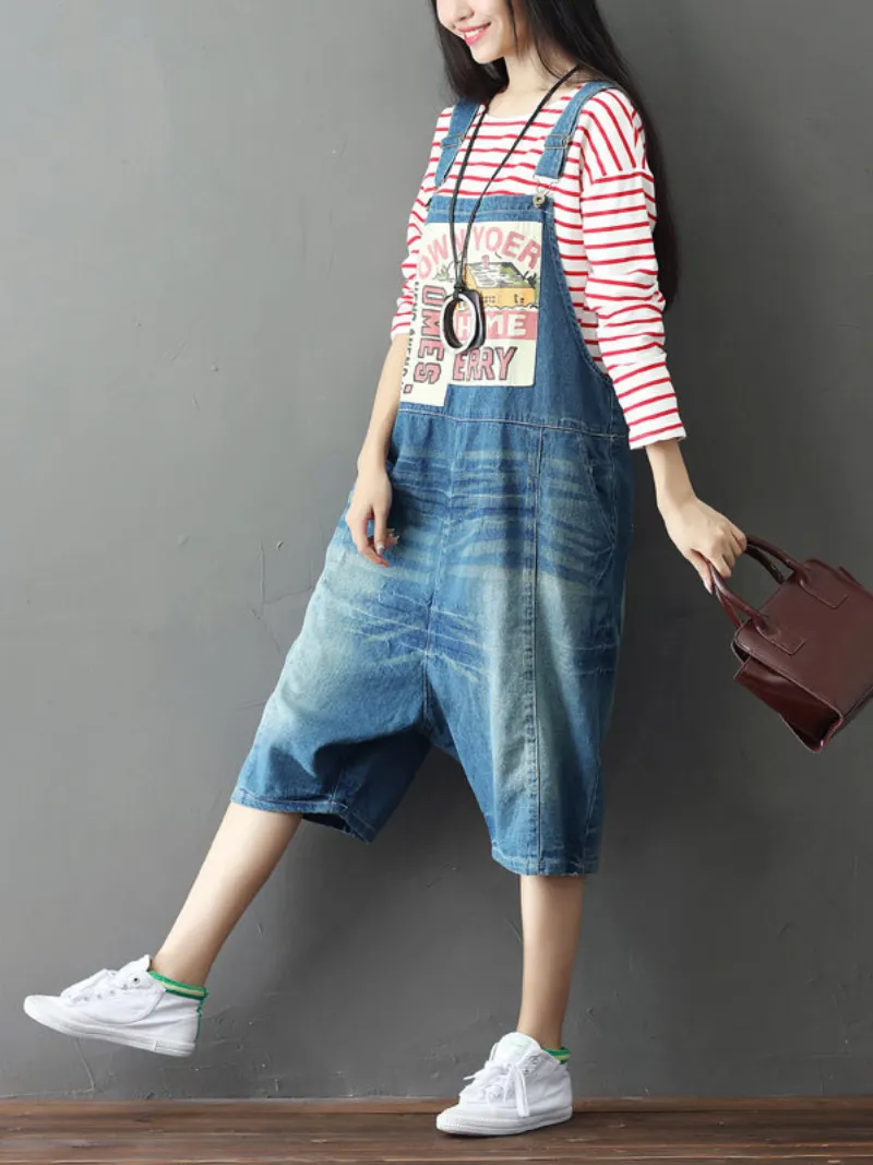 Bohemian Style Women's Short Patch Denim Overalls