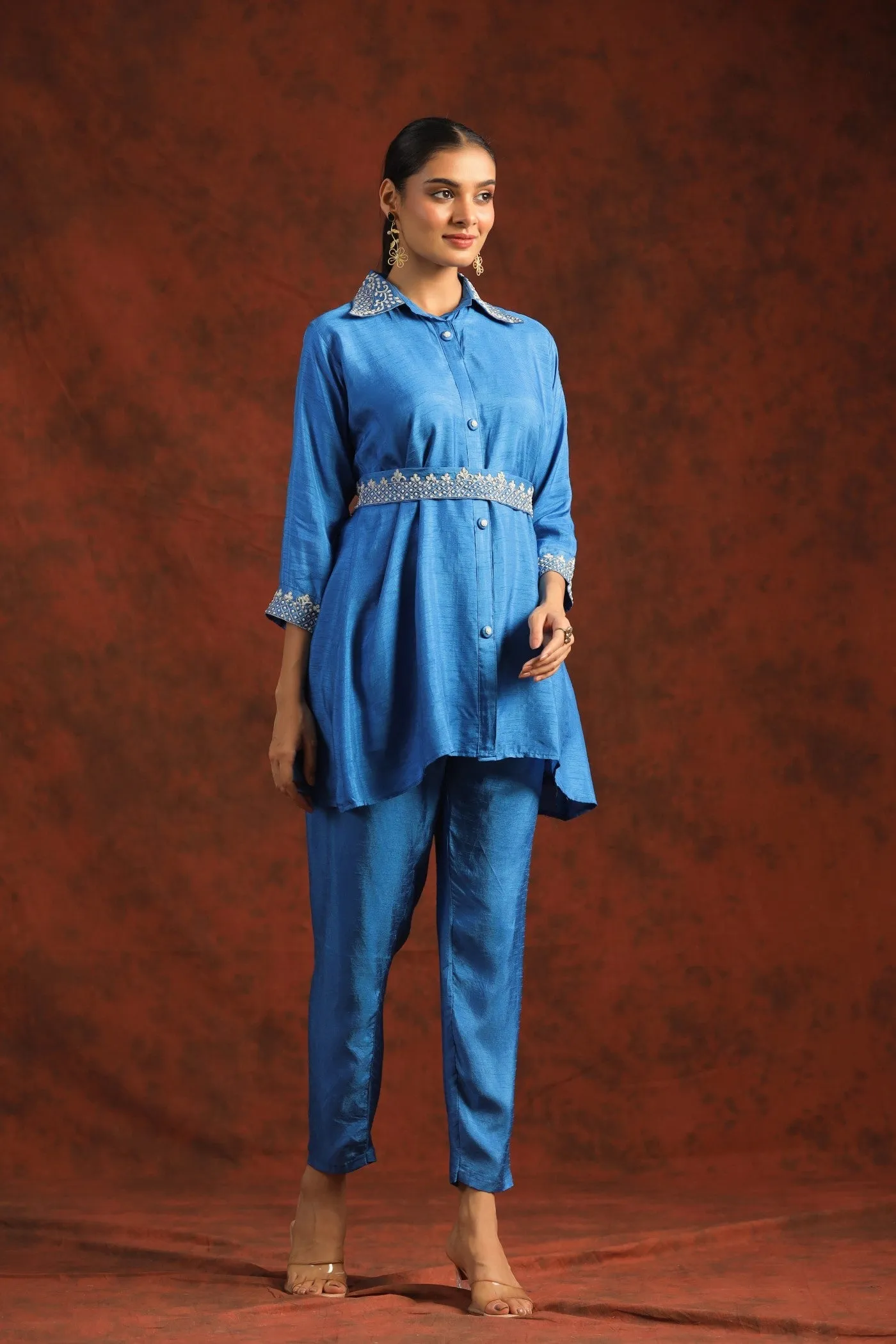 Bright Blue Hand Embroidered Dola Silk Co-ord Set