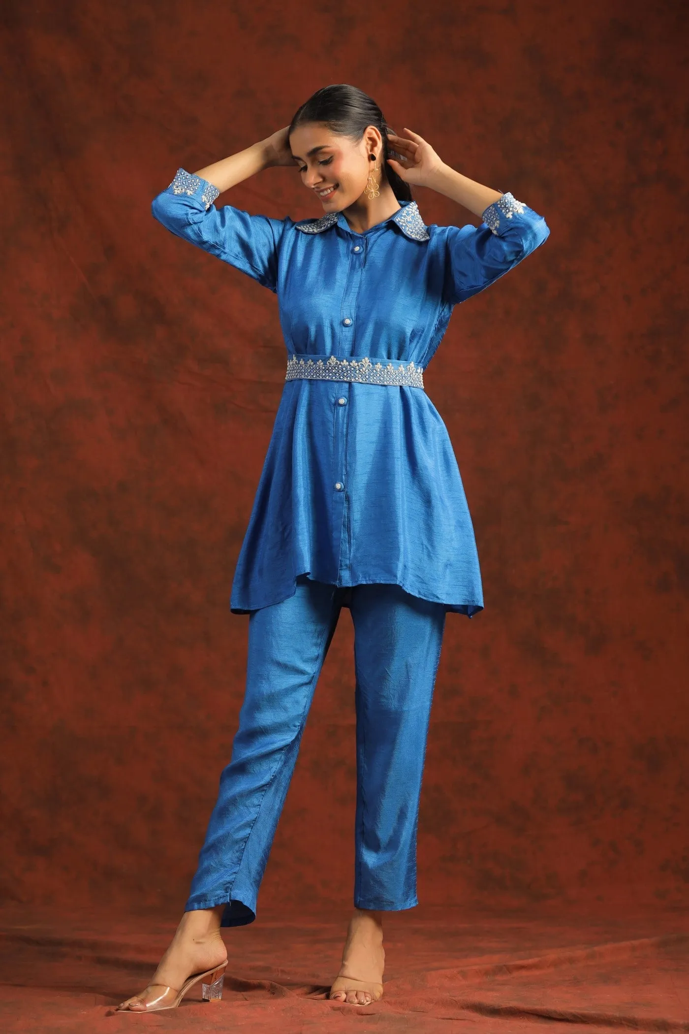 Bright Blue Hand Embroidered Dola Silk Co-ord Set