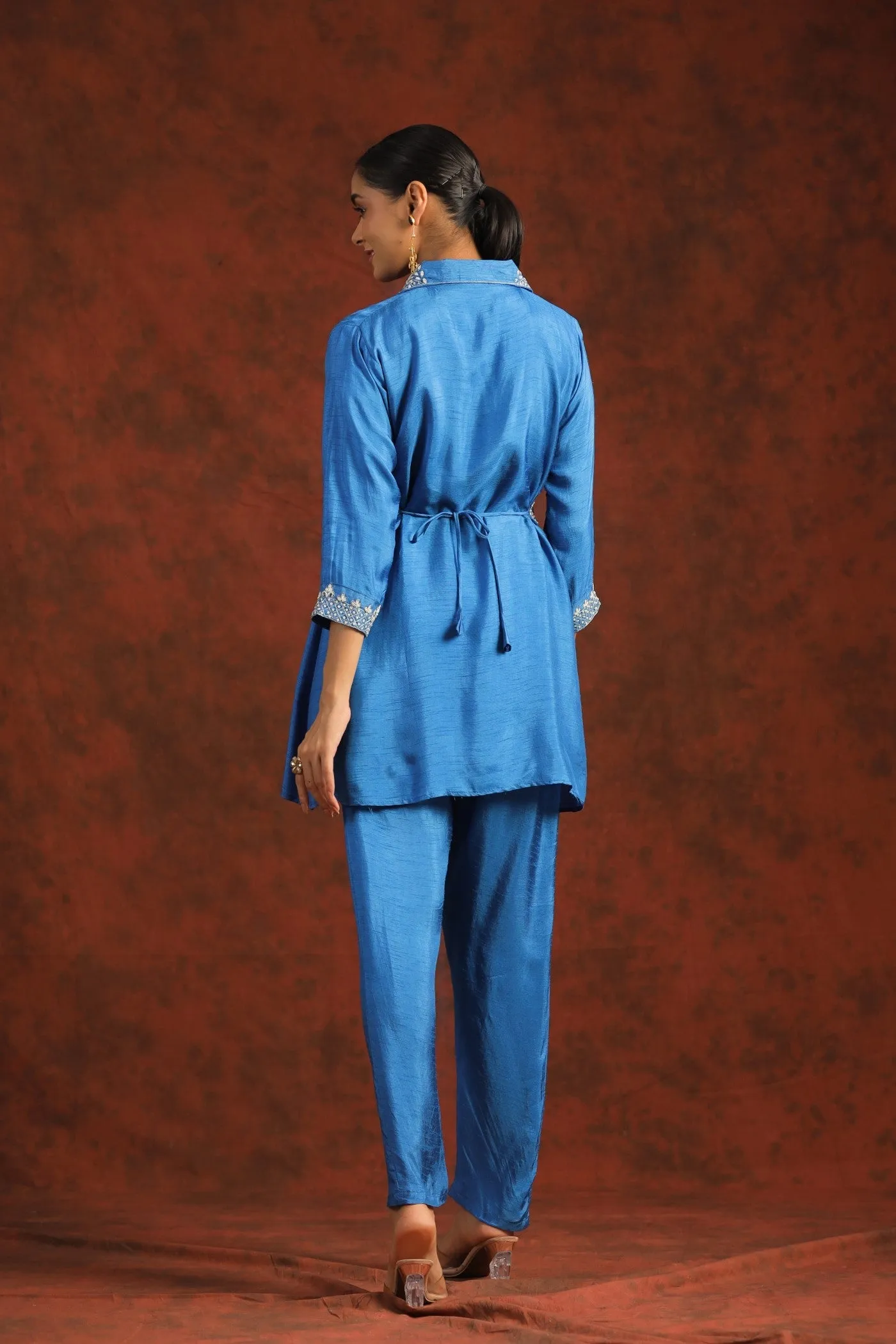 Bright Blue Hand Embroidered Dola Silk Co-ord Set