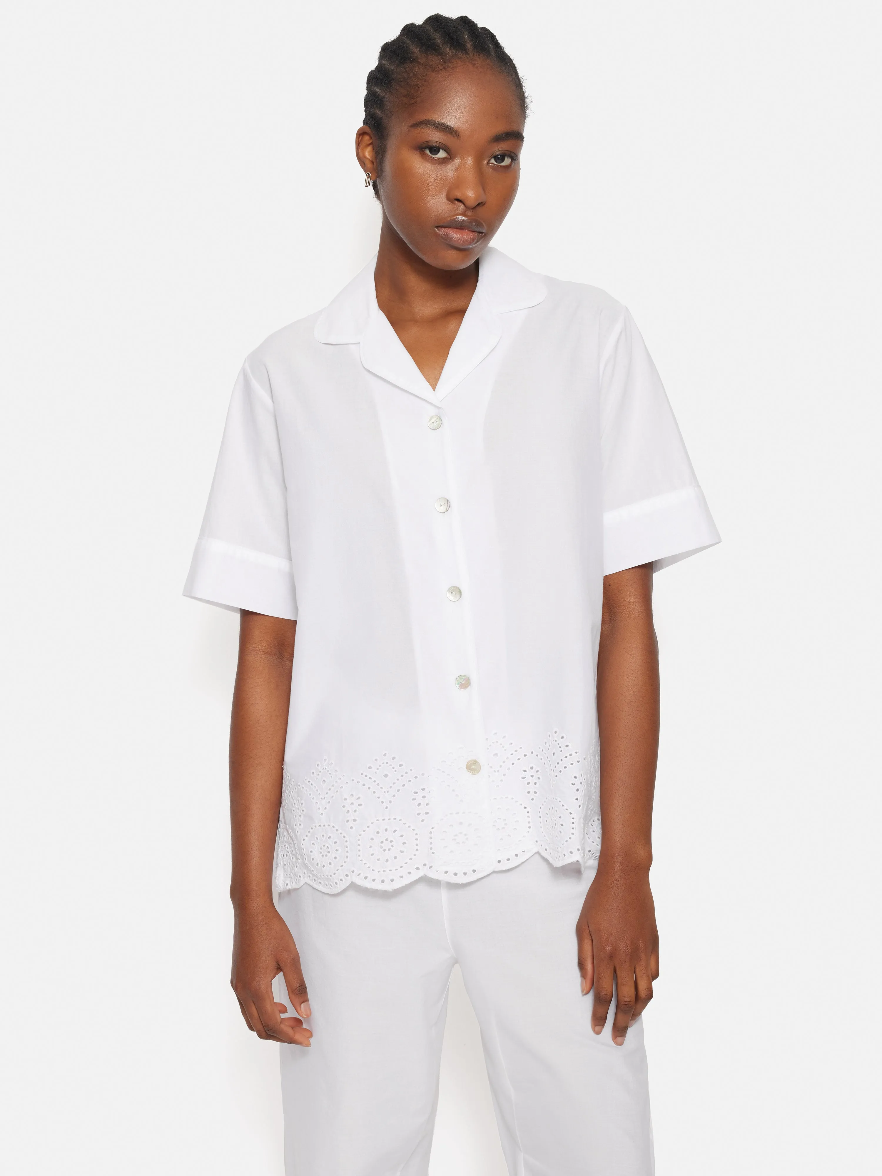 Broderie Anglaise Short Sleeved Pyjama Top | White