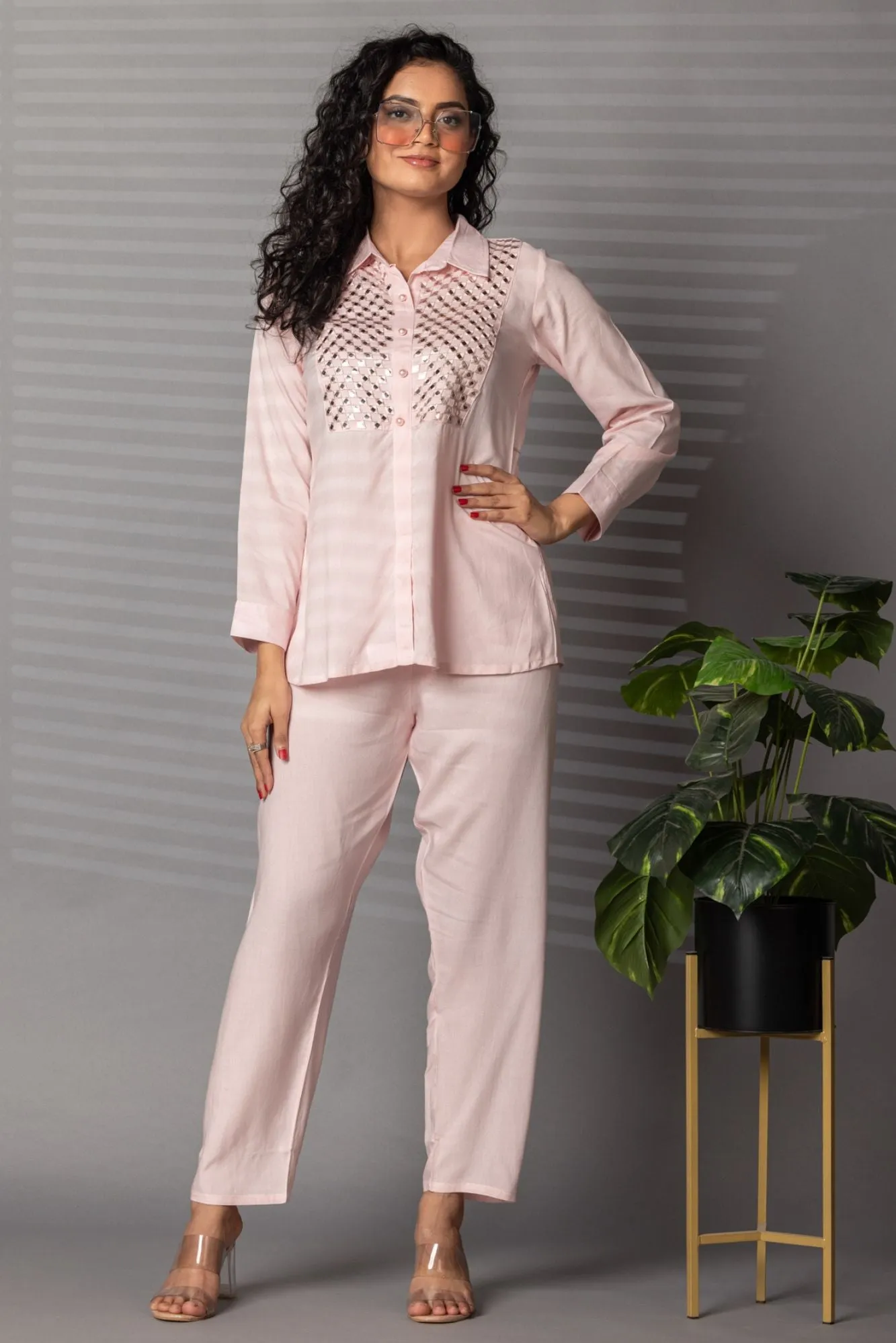 Cotton Casual Co Ord Set (2 Pc) with Mirror and Thread work.