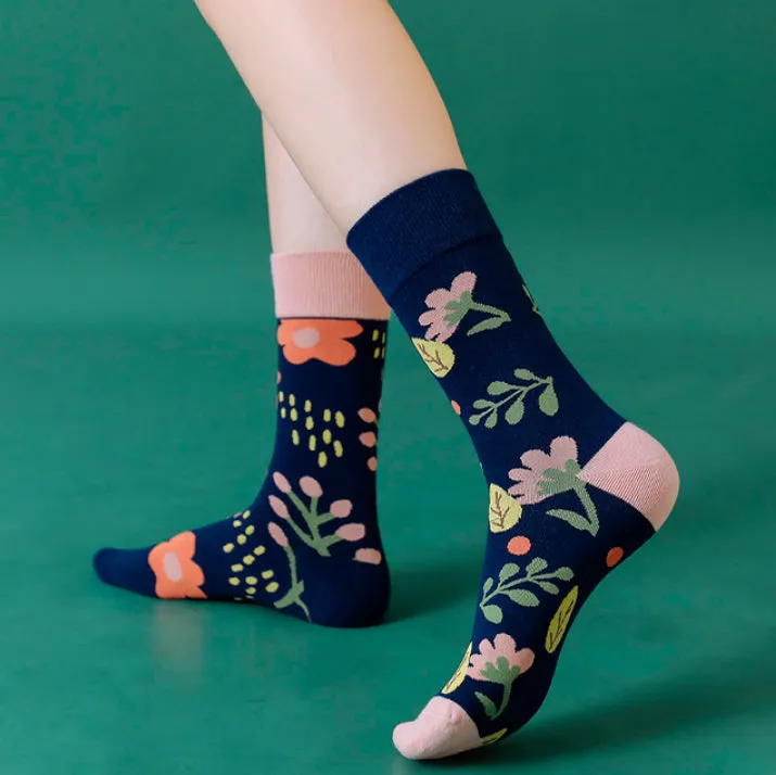 Crew Socks | Mismatched Socks - Flowers Blue