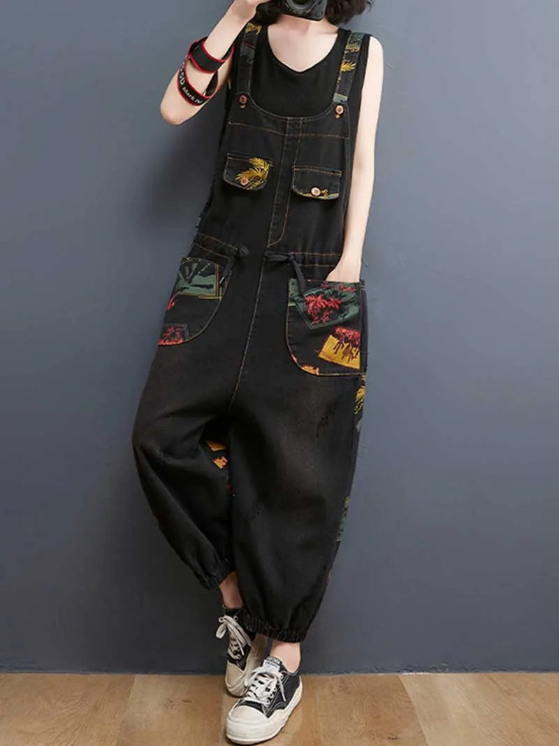 Denim Printed Women's Nine-Point Pants High Waist Overalls Dungaree