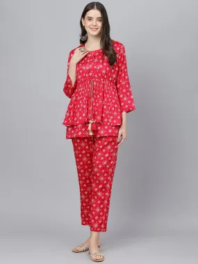 Divena Bandhani Megenta Muslin Three Piece Top Pant Set with Peplum Jecket