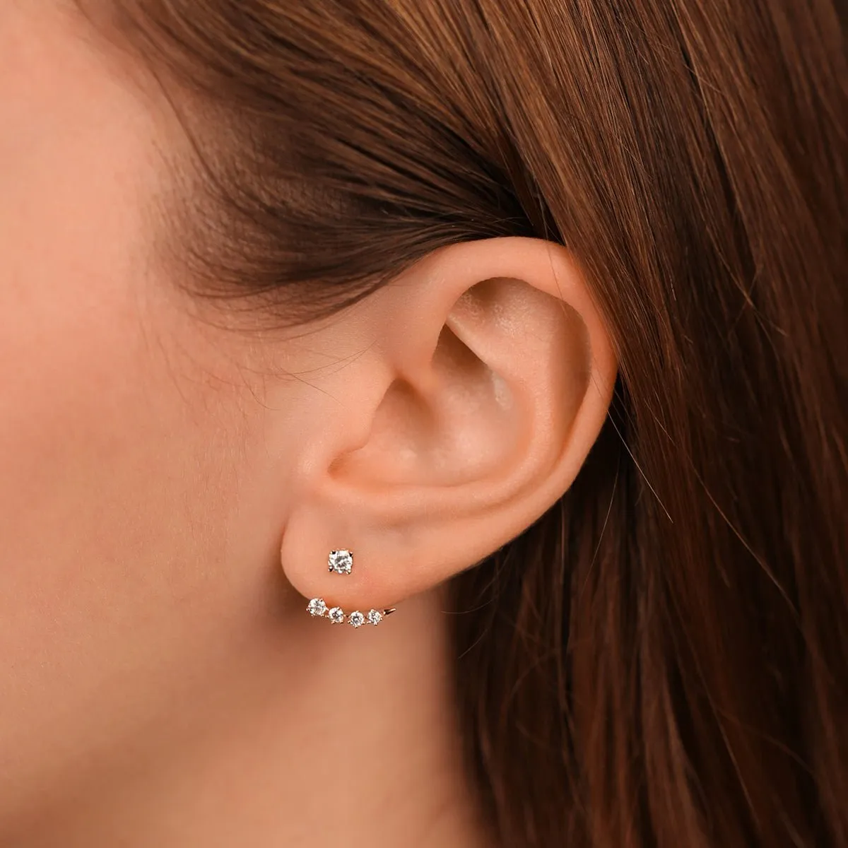 Double Stacked Diamond Studs and Pink Tourmaline Ear Jackets