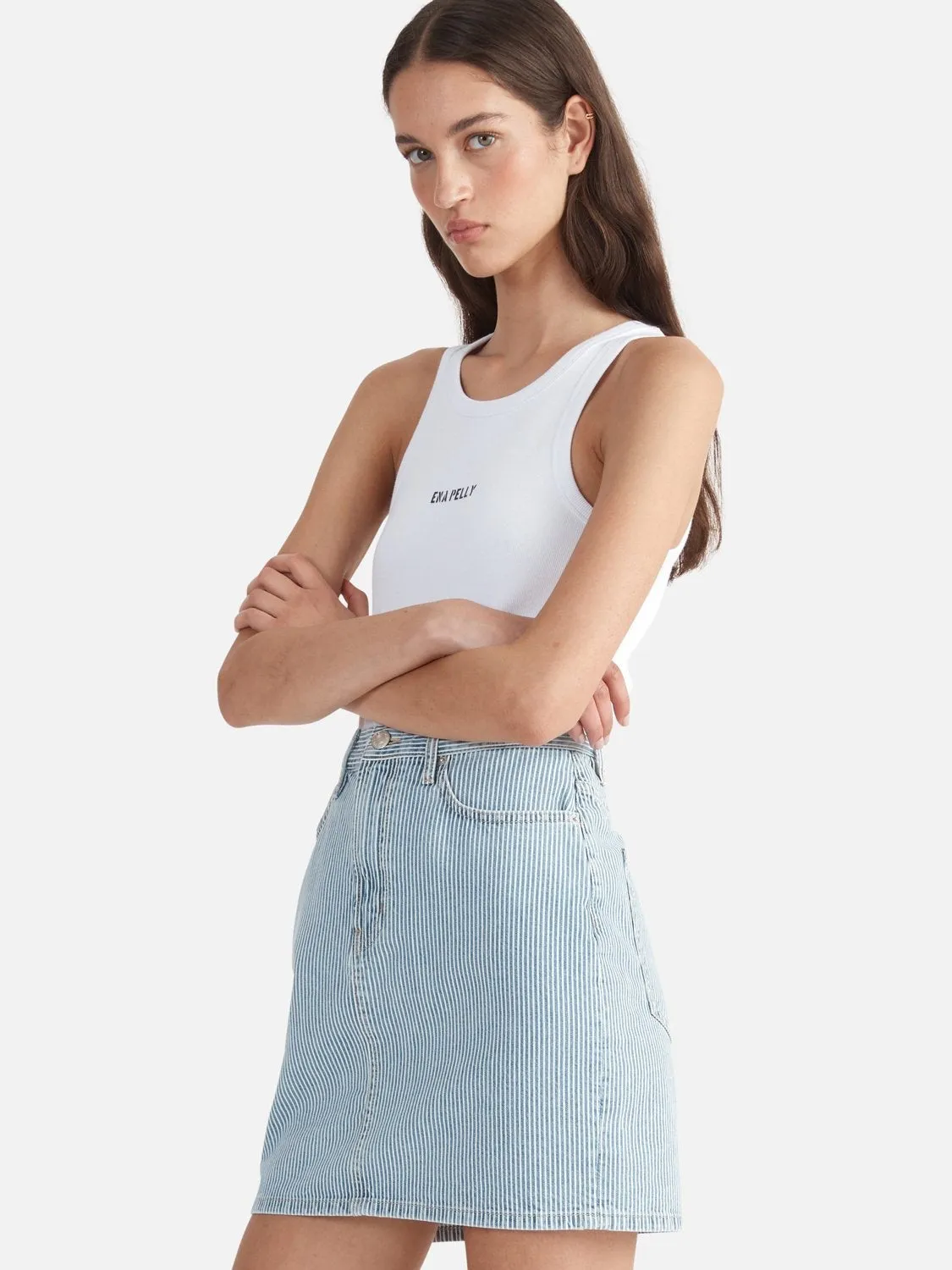 Ena Pelly | Diana Denim Mini Skirt - Ice Blue Stripe