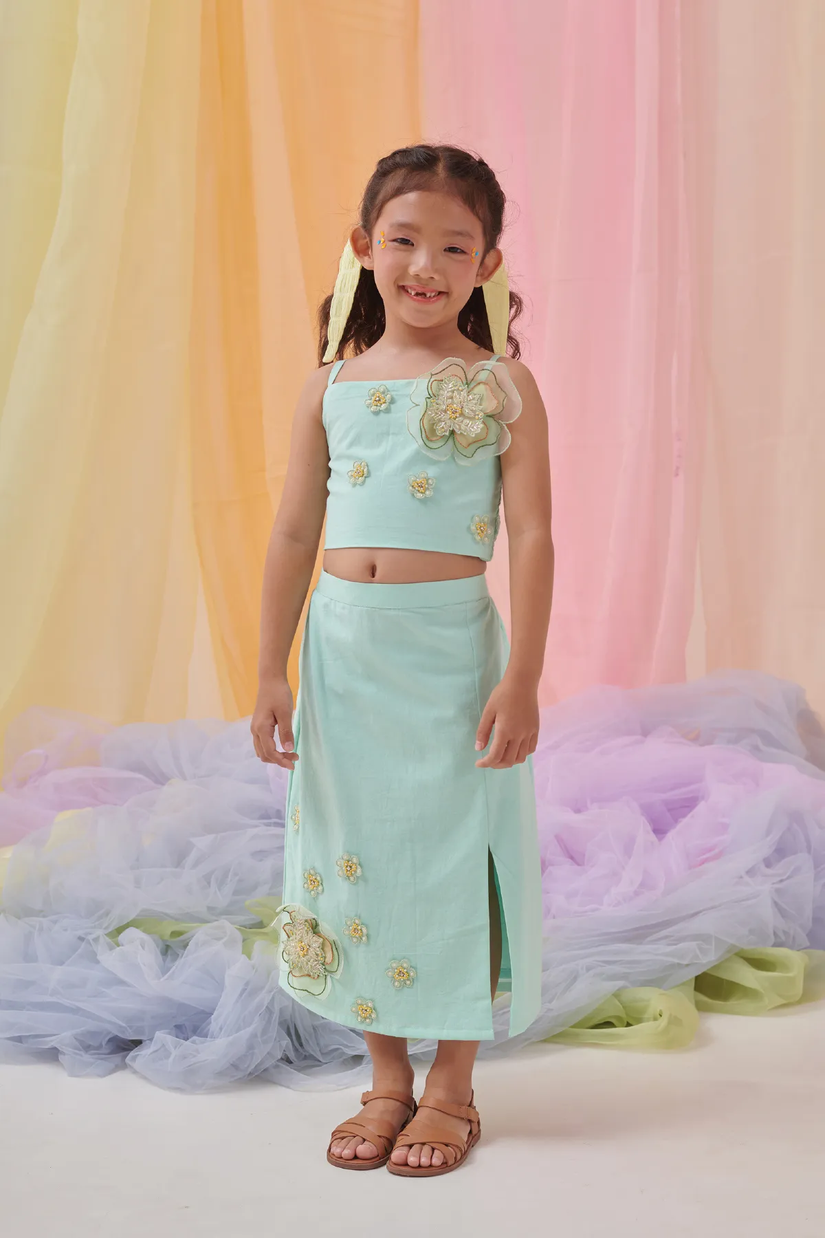 EZE- 3d Organza Embroidered Skirt with Crop Top (Co-ord Set)