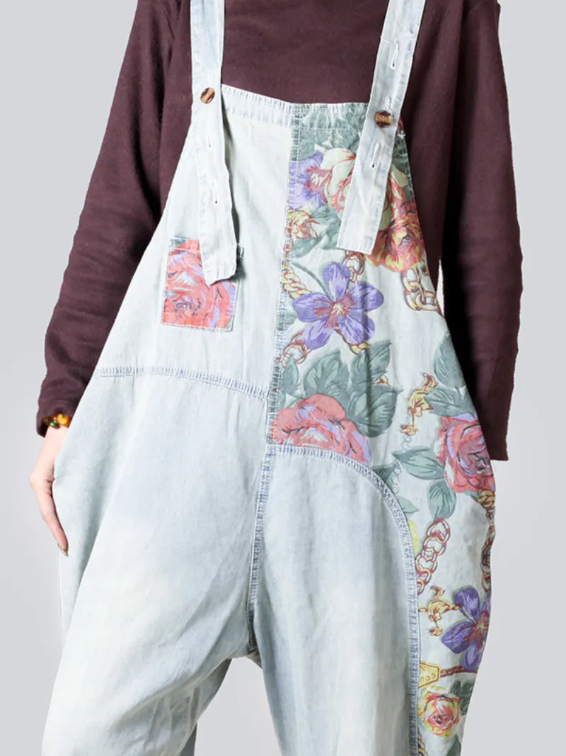 Female Loose Fitting Denim Overall Jumpsuits Wide-Leg Pocket Overalls