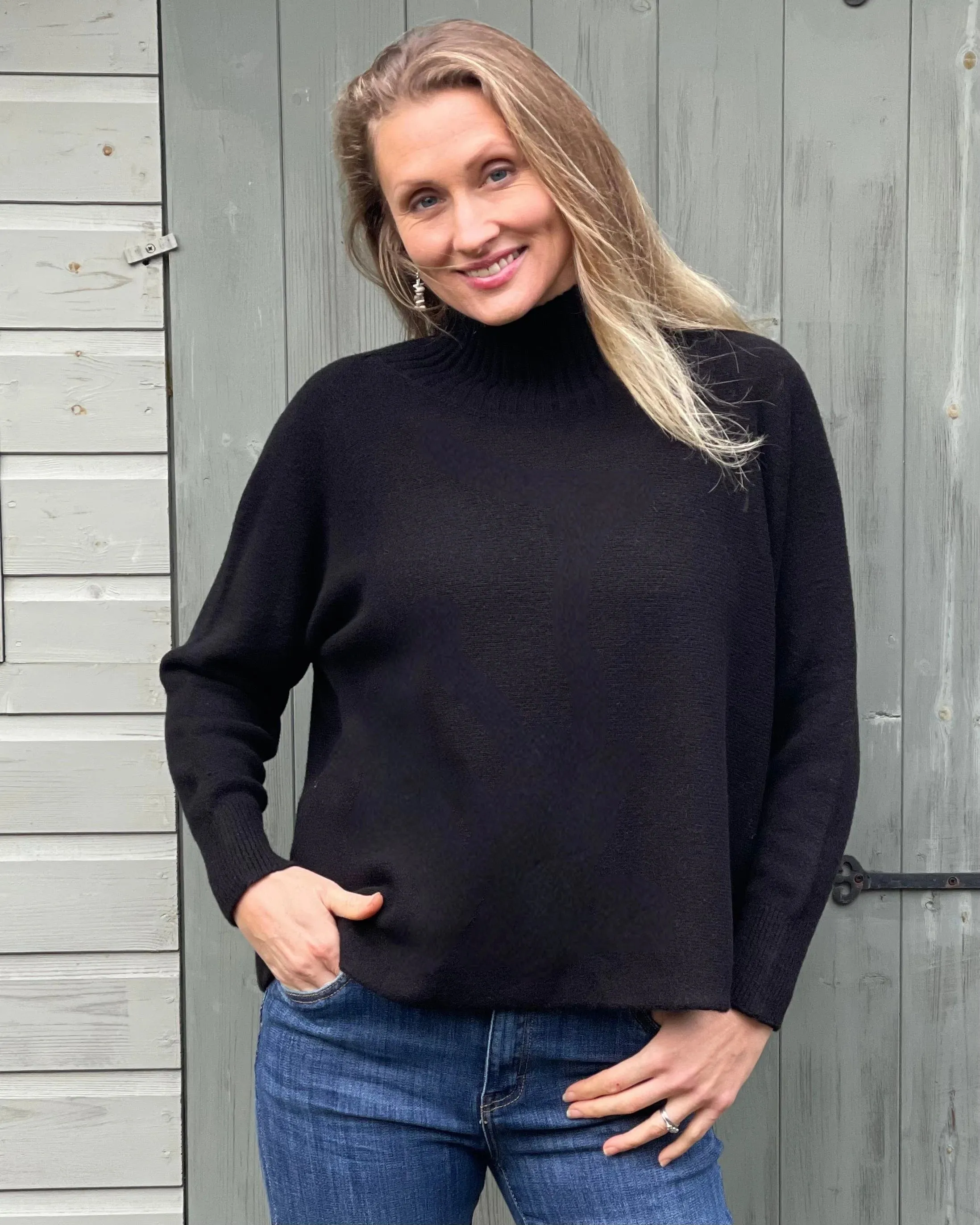 Funnel Neck Soft Knit Long Sleeve Jumper - Black