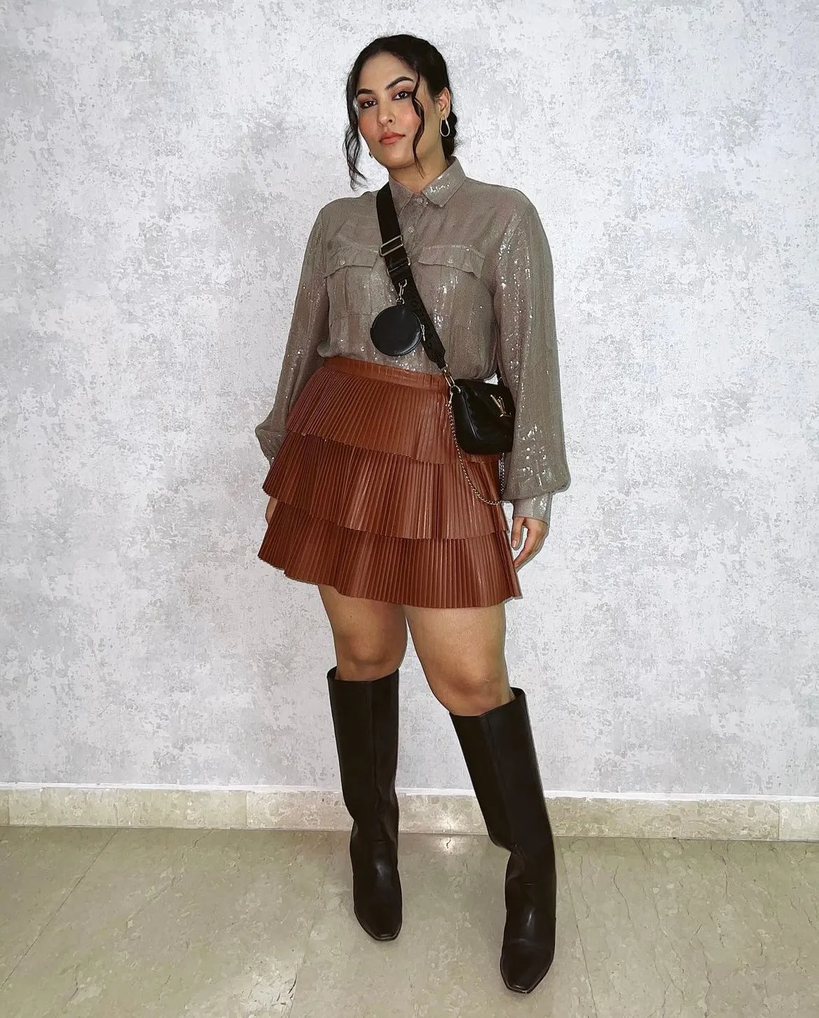 Grey Sequins Shirt and Brown Faux Leather Skirt Co-ord Set