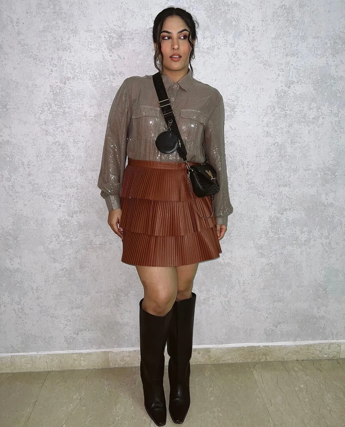 Grey Sequins Shirt and Brown Faux Leather Skirt Co-ord Set