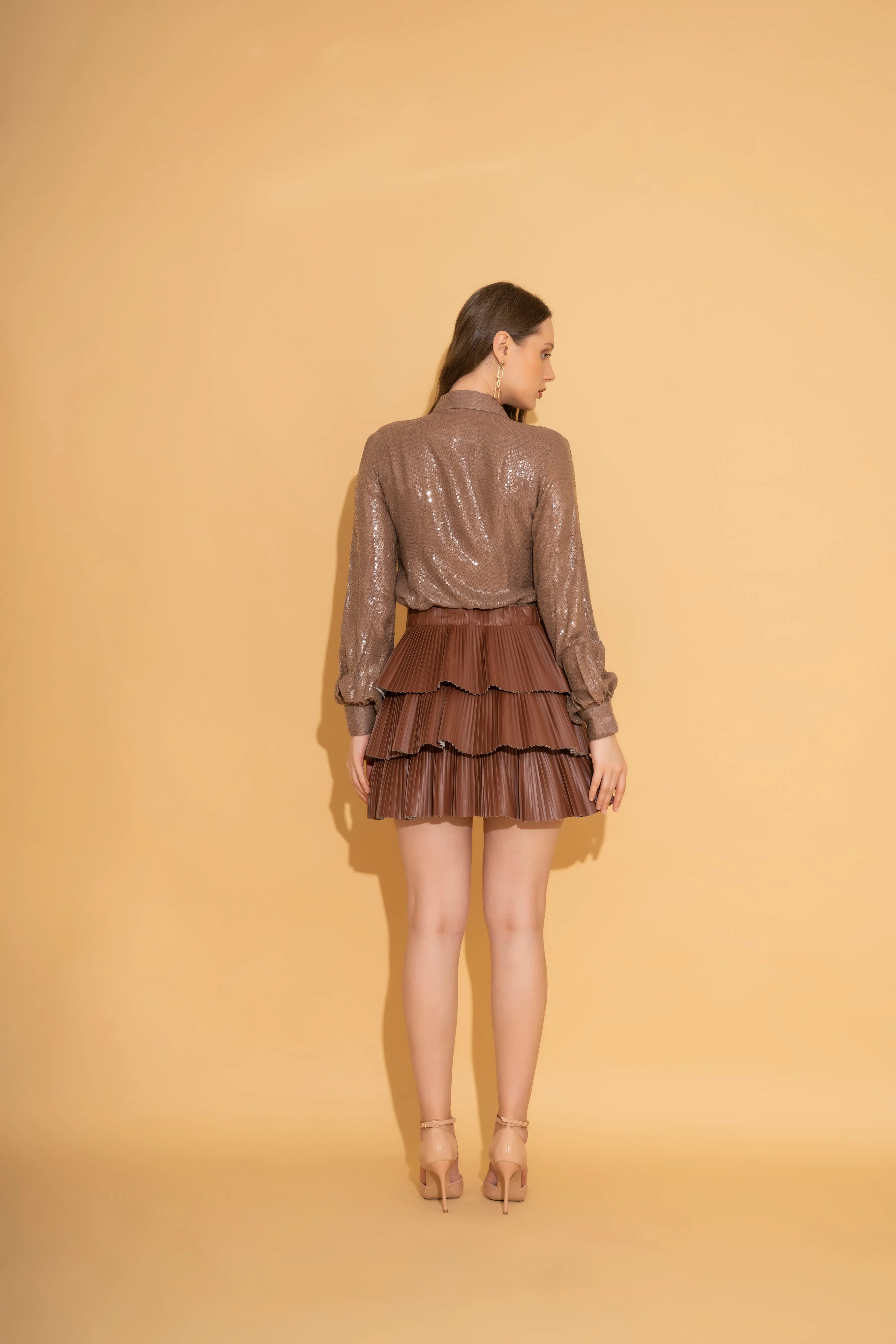 Grey Sequins Shirt and Brown Faux Leather Skirt Co-ord Set