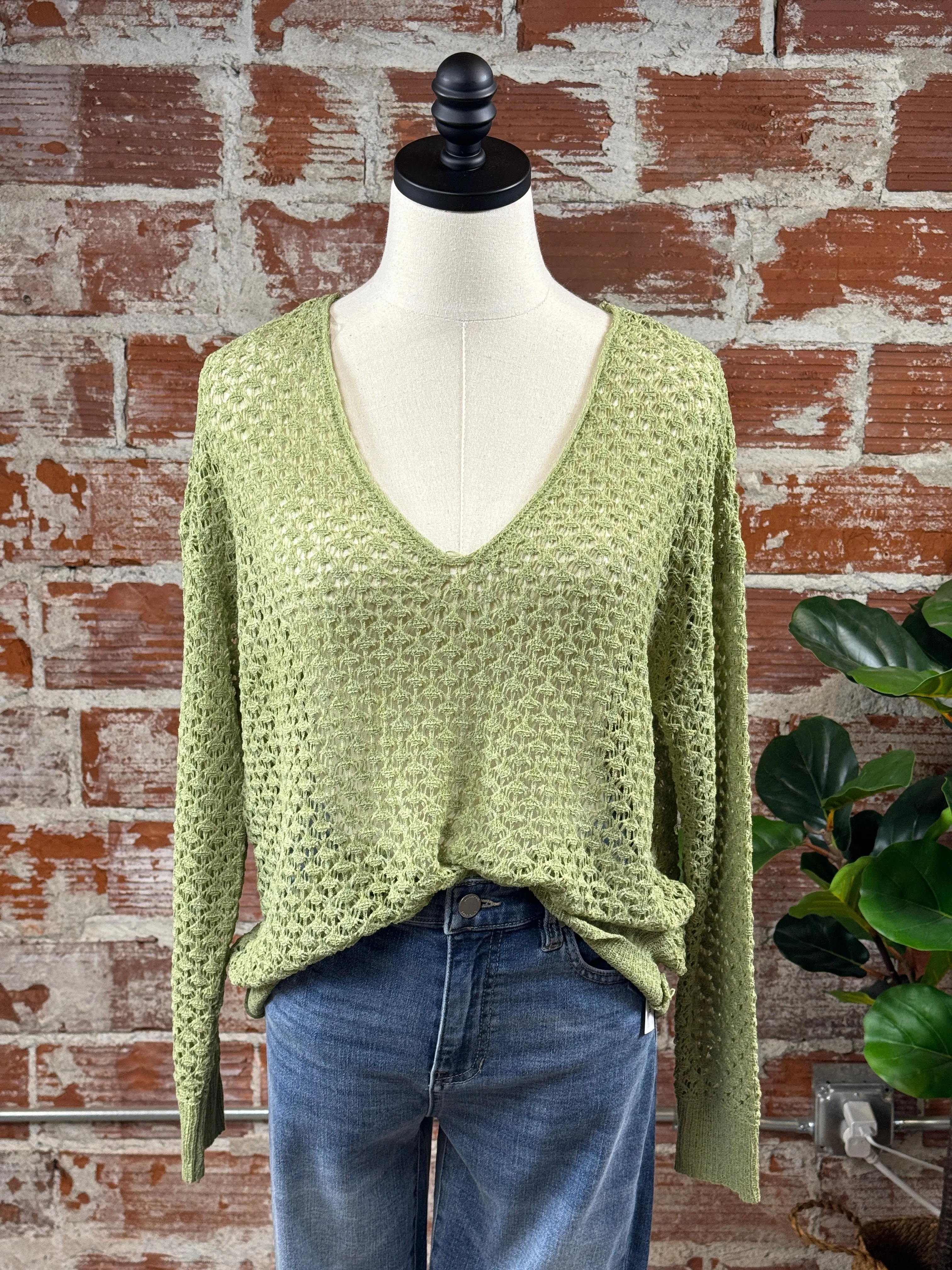 Janey Crochet Knit Sweater in Sage