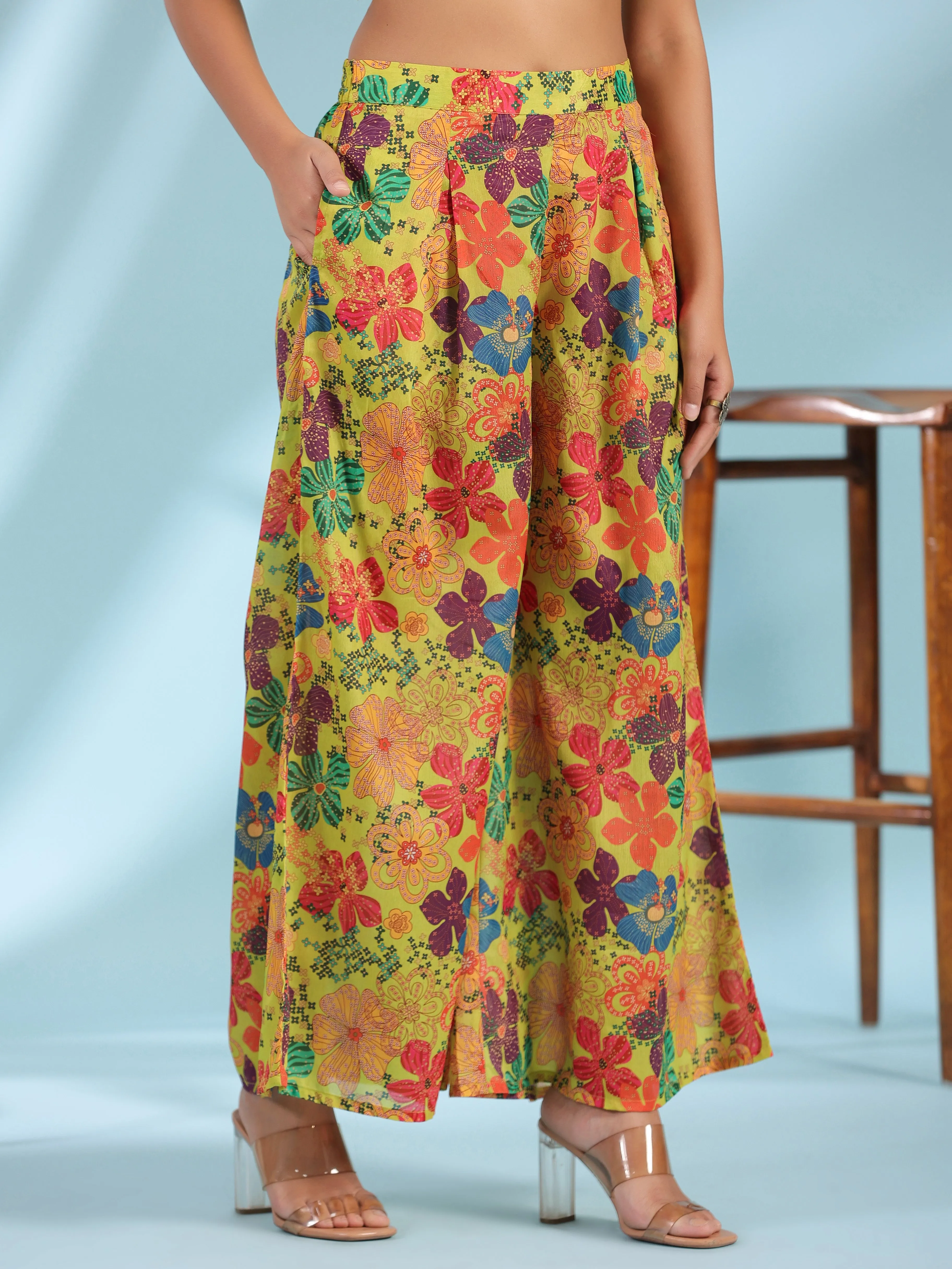 Juniper Green Floral Printed Layered Chinnon Top With Pants Co-Ord Set With Beads & Sequins Work (3-Pcs)