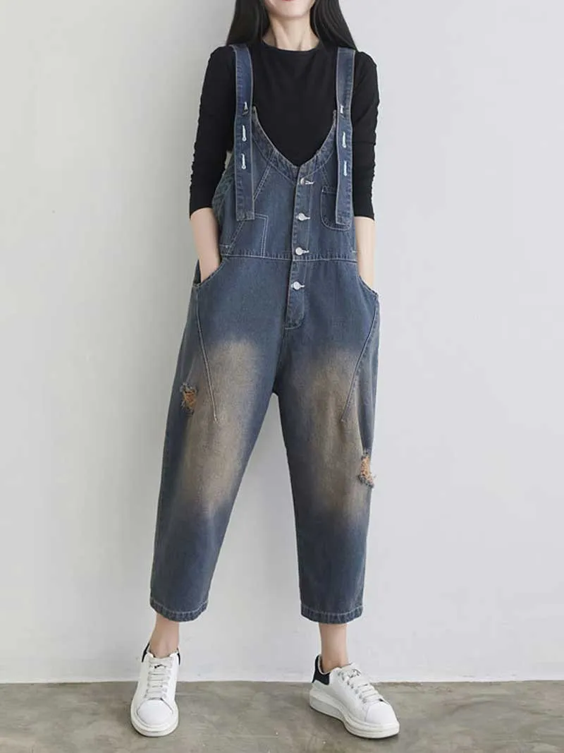 Keep Your dreams Save Denim Ripped Overall Dungarees