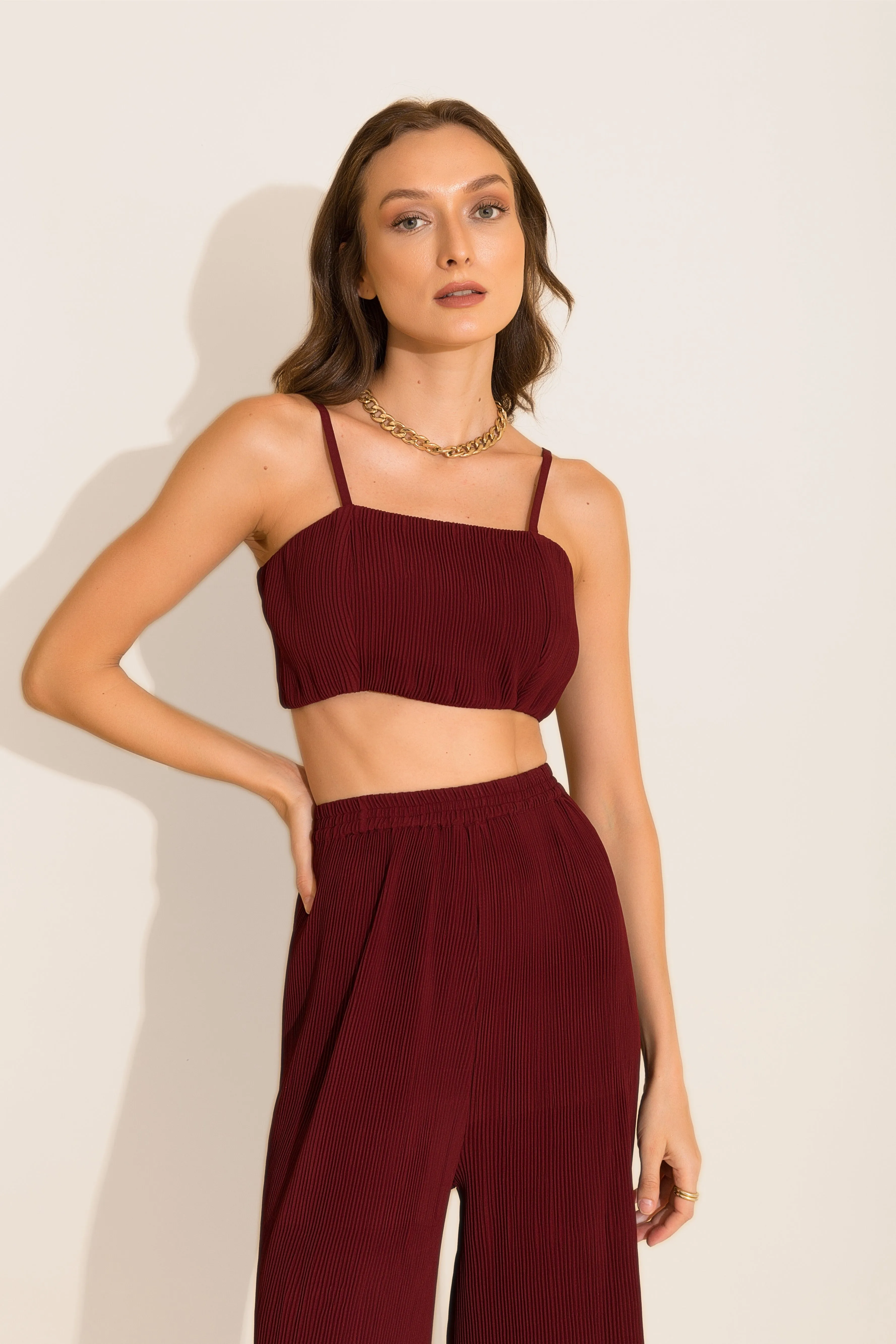 Maroon Micro-pleated Loungewear Co-ord Set