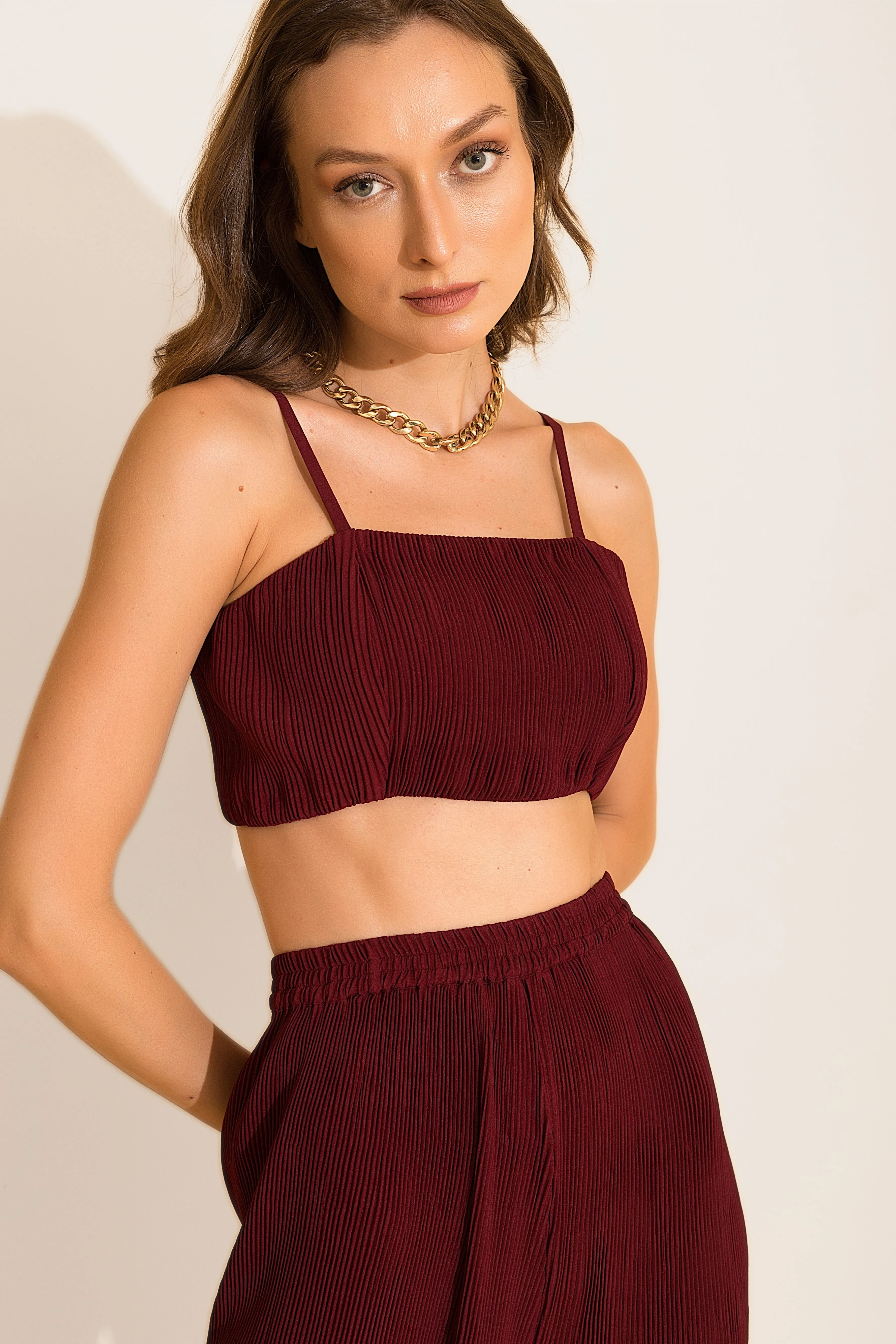 Maroon Micro-pleated Loungewear Co-ord Set