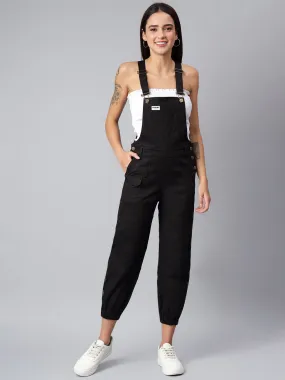 NaughtyDungaree® Women's Cotton Twill Dungaree with Side Leg Brand Tape - Ebony Black