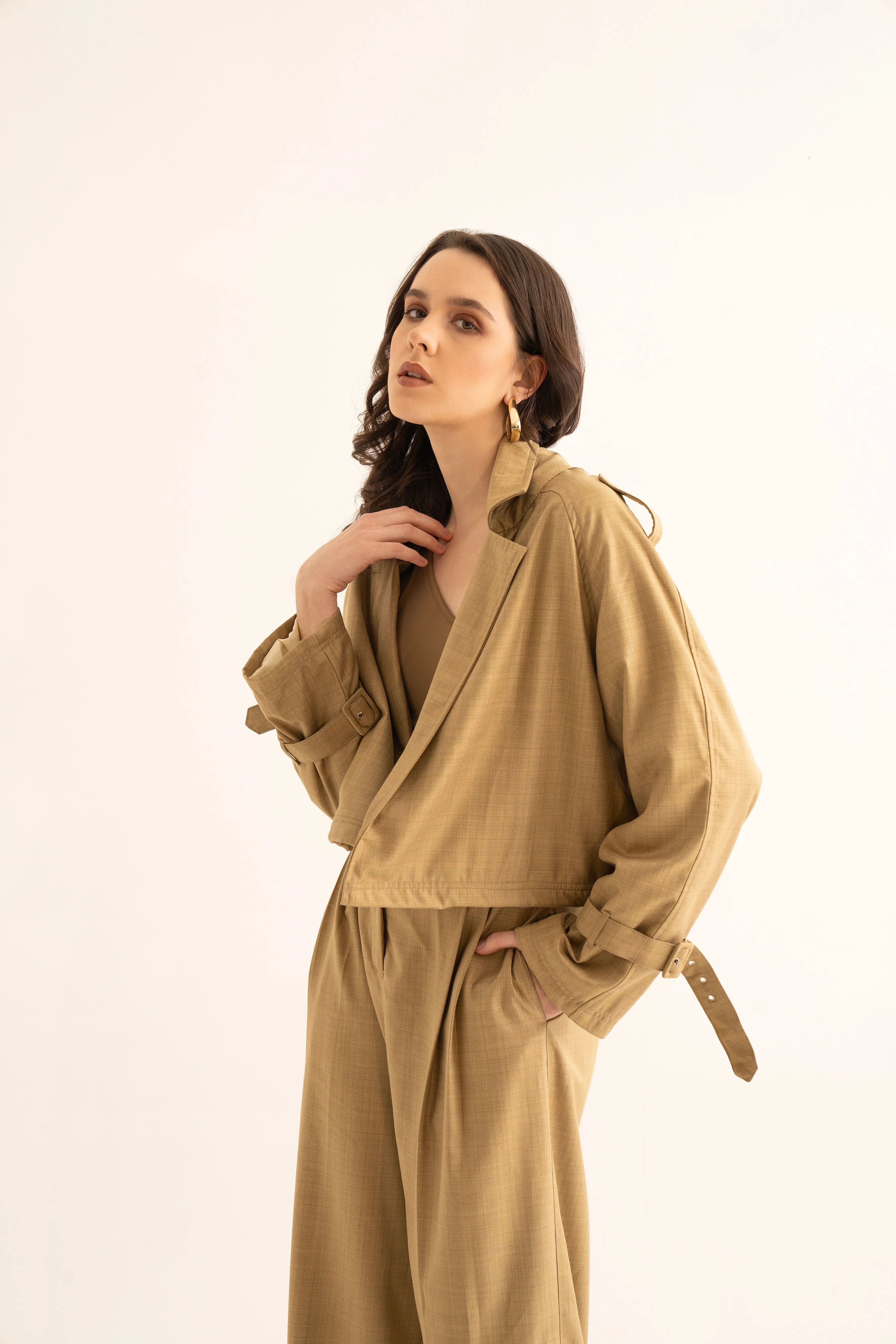 Oversized Khaki Suiting Trench and Pants Co-ord Set