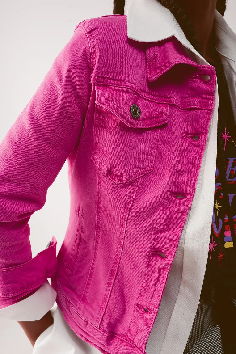 Slim Denim Trucker Jacket in Fuchsia