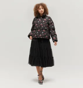 The Elara Puffer Jacket - Black Ikat Floral