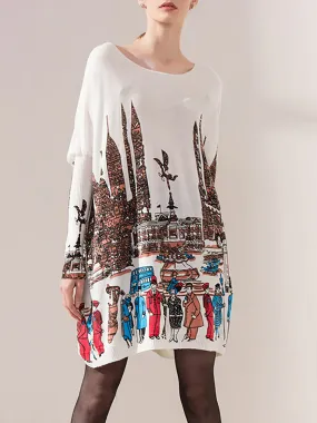 Women Casual Print Batwing Sleeve Sweater