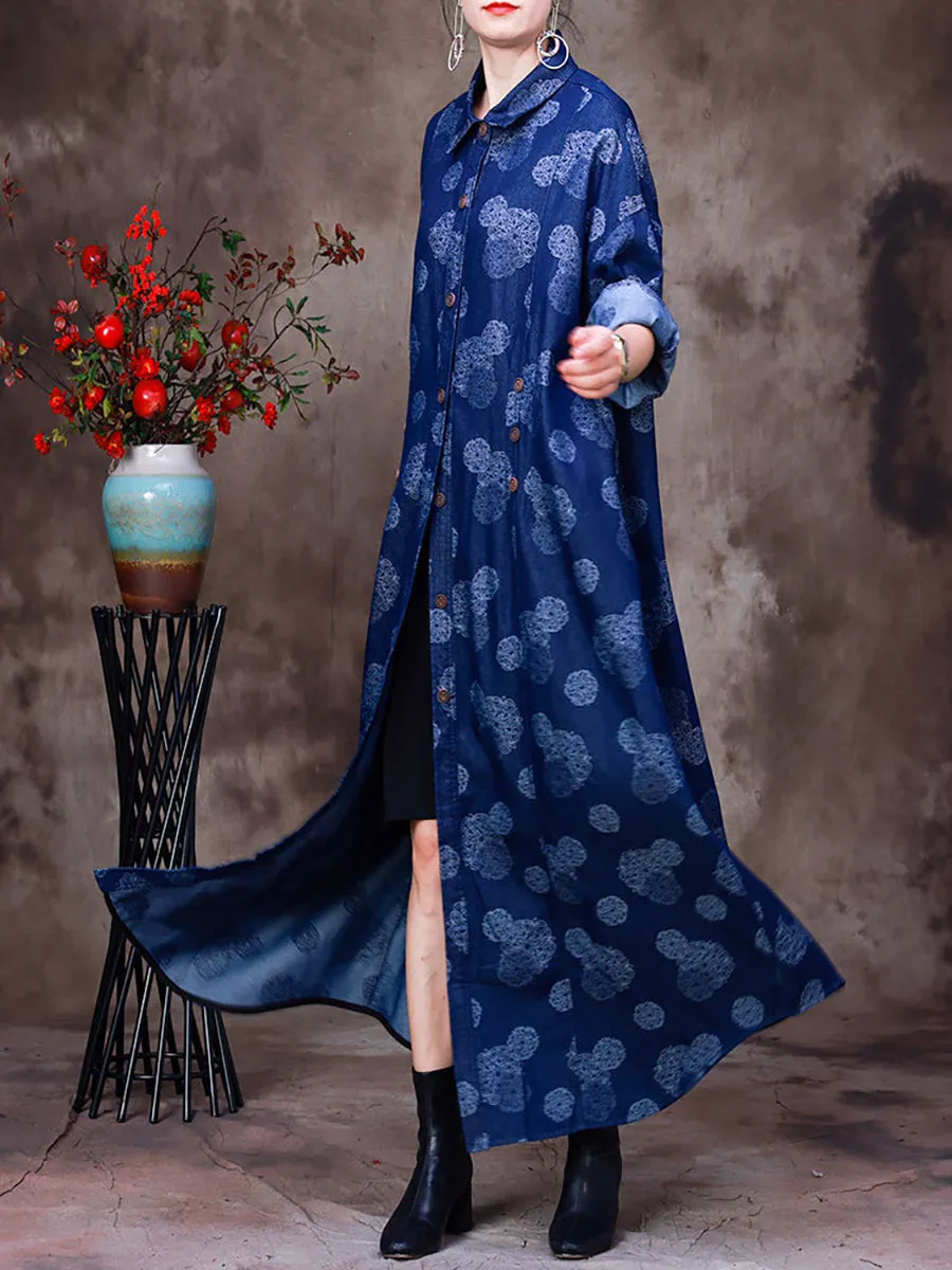 Women Streetwear Printed Denim Long Coat