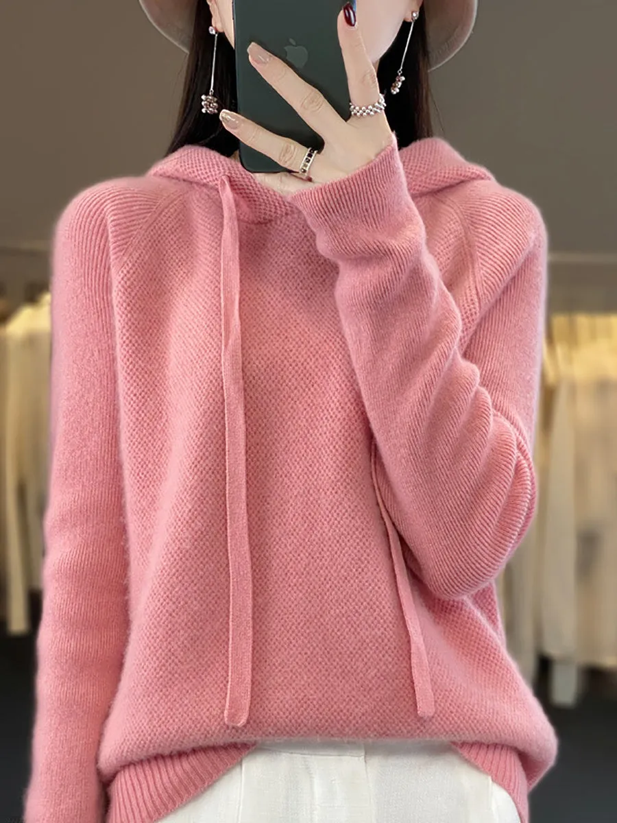 Women Winter Wool Solid Hooded Sweater