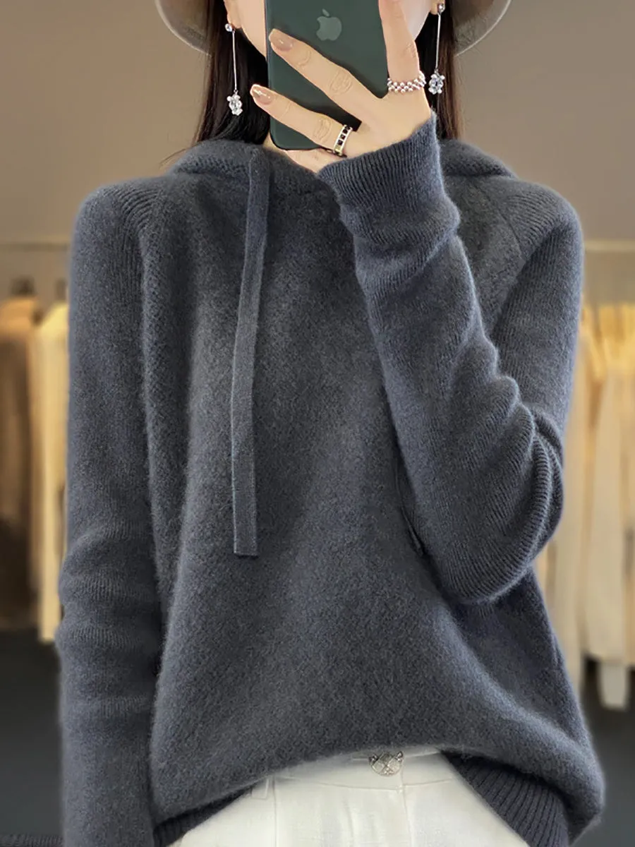 Women Winter Wool Solid Hooded Sweater