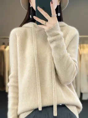 Women Winter Wool Solid Hooded Sweater