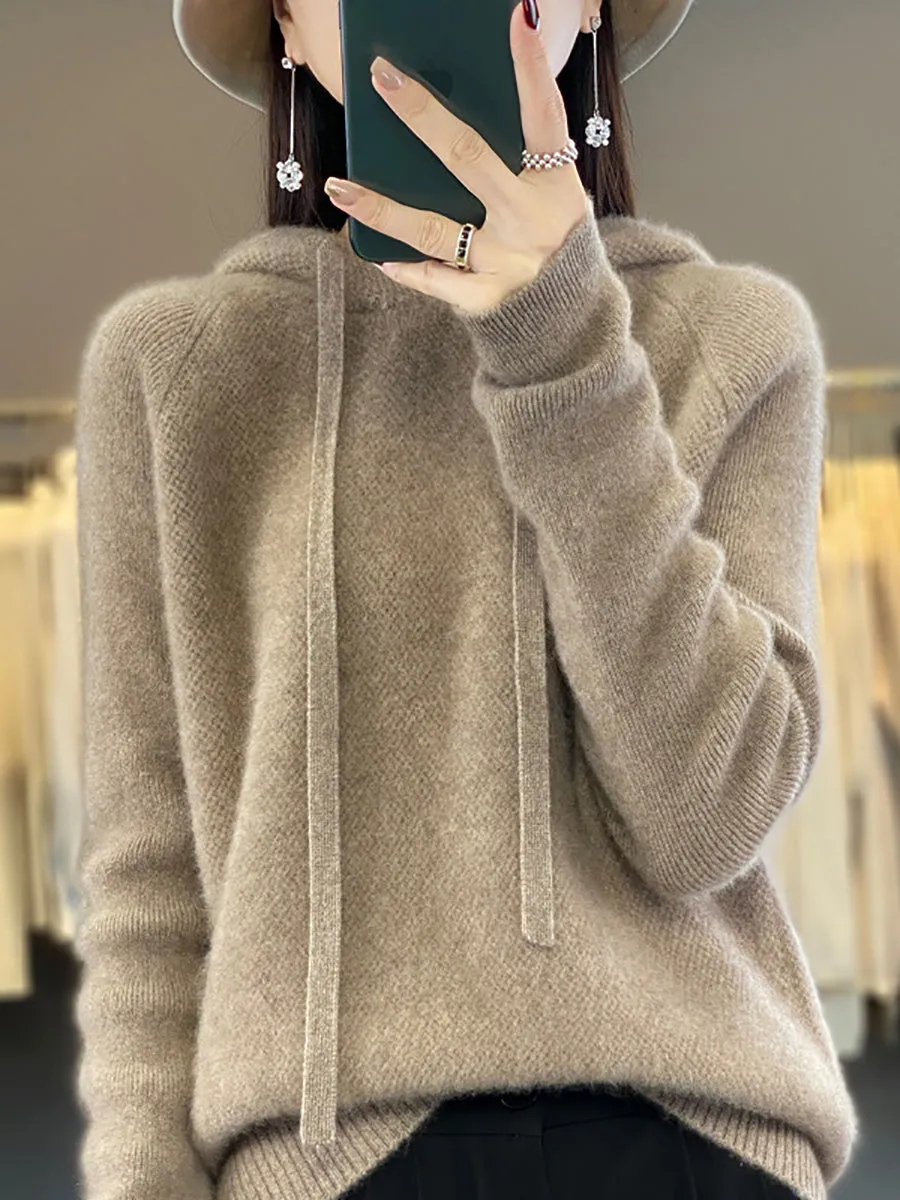 Women Winter Wool Solid Hooded Sweater