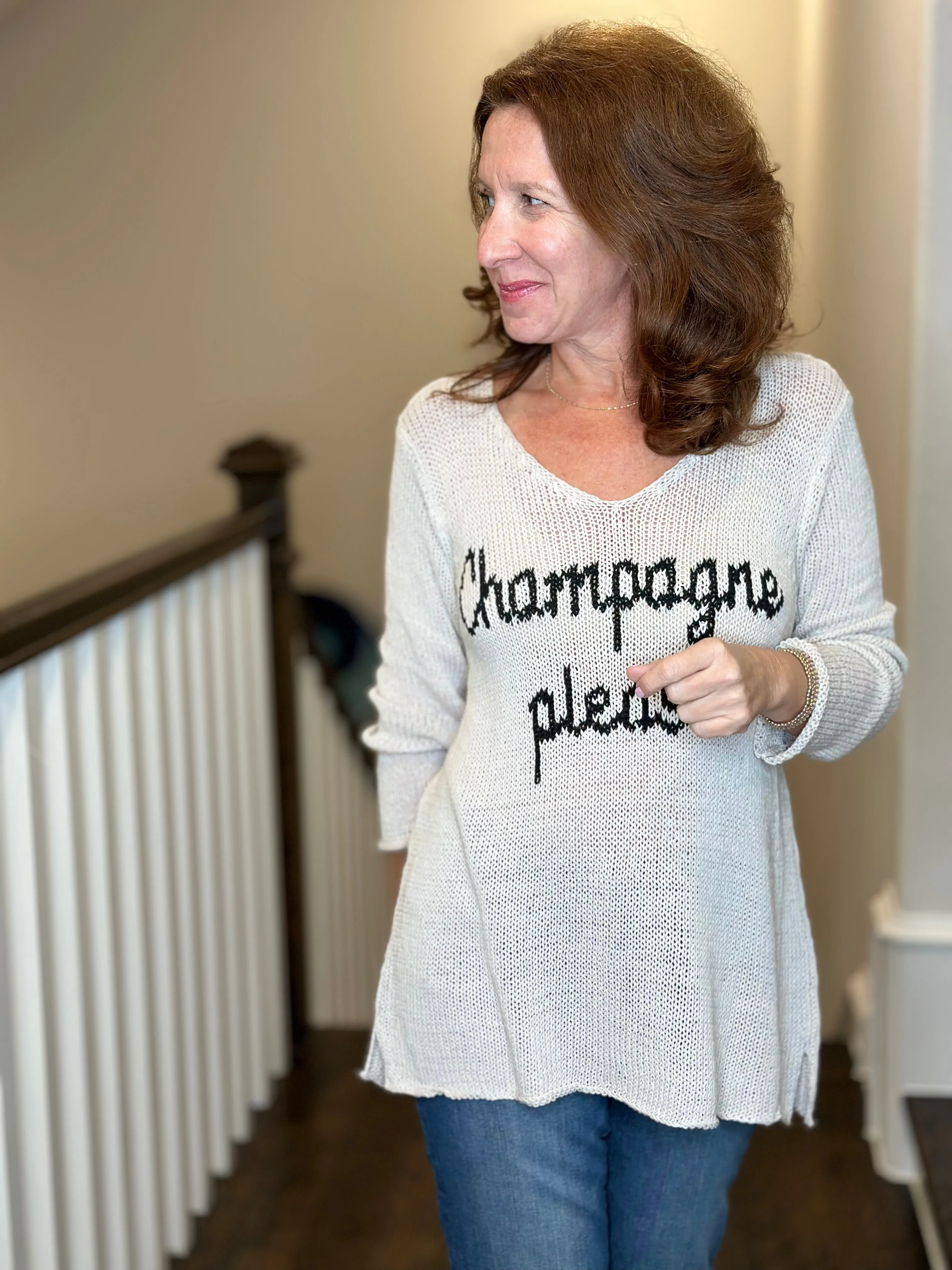 Wooden Ships Champagne Please V Neck Cotton Sweater in Blush